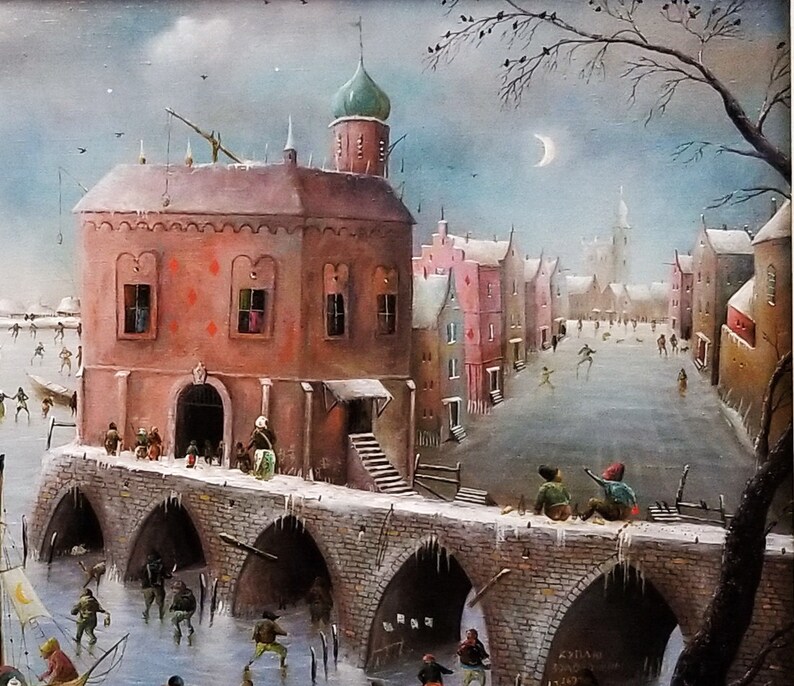 Large whimsical cityscape painting original, Surreal landscape city artwork, Fantasy canvas art original, Castle painting Panoramic wall art