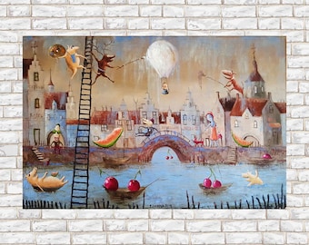 Zabawna sztuka świni oryginalna, Słodkie malowanie zwierząt, Fantazyjne malowanie świń, Surrealistyczna sztuka ścienna miasta, Bajkowe dzieło sztuki, Obraz na płótnie Outsider