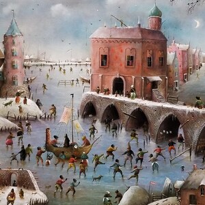 Large whimsical cityscape painting original, Surreal landscape city artwork, Fantasy canvas art original, Castle painting Panoramic wall art