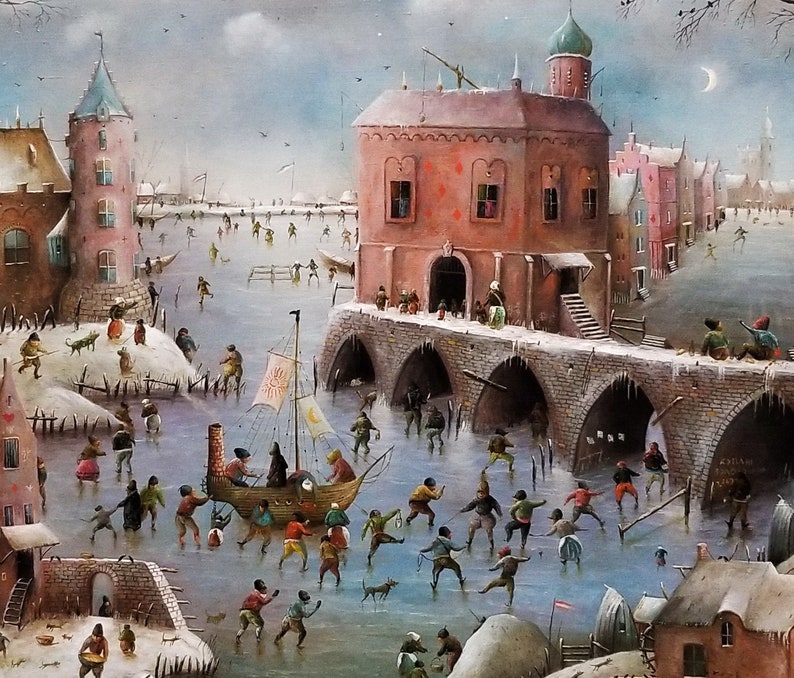 Large whimsical cityscape painting original, Surreal landscape city artwork, Fantasy canvas art original, Castle painting Panoramic wall art