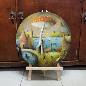 Whimsical artwork, whimsical painting, surrealistic art, original surreal art, whimsical landscape, landscape painting, surreal landscape, surreal oil painting, painting urban, urban art canvas, surreal creatives, Fly agaric painting, round oil painting