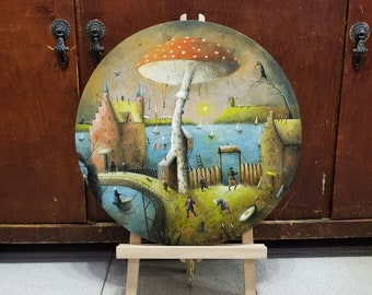 whimsical artwork original, surrealistic painting, whimsical landscape, surreal oil painting, urban art canvas, surreal art Fly agaric