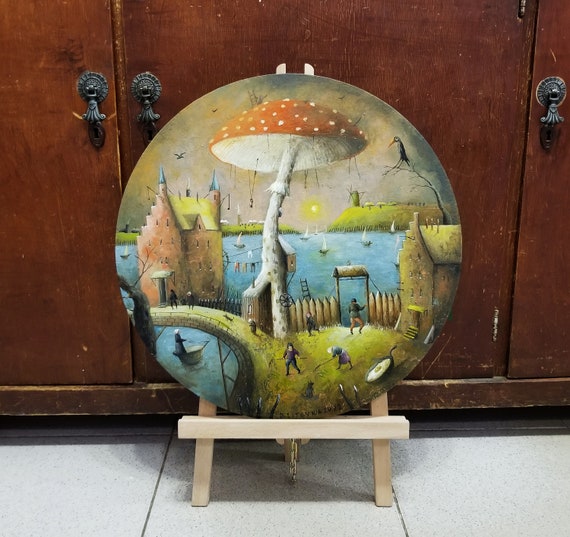 whimsical artwork original, surrealistic painting, whimsical landscape, surreal oil painting, urban art canvas, surreal art Fly agaric
