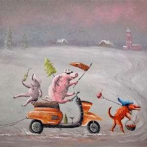 Whimsical artwork original, Whimsical animal art on canvas, Surrealism painting, Whimsical landscape painting, Surreal oil painting, Fantasy landscape wall art, Funny artwork