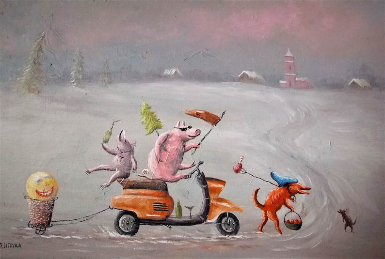 Whimsical artwork original, Whimsical animal art on canvas, Surrealism painting, Whimsical landscape painting, Surreal oil painting, Fantasy landscape wall art, Funny artwork