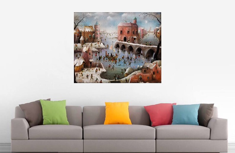 Large whimsical cityscape painting original, Surreal landscape city artwork, Fantasy canvas art original, Castle painting Panoramic wall art