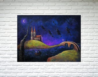 Hexe Malerei und der Mond, mystische Halloween Leinwand Malerei Surrealismus Dekor gruselige Kunst original Horror Kunst Leinwand Nachtmalerei
