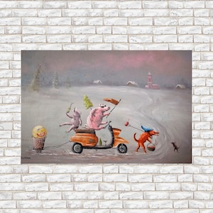 Whimsical artwork original, Whimsical animal art on canvas, Surrealism painting, Whimsical landscape painting, Surreal oil painting, Fantasy landscape wall art, Funny artwork