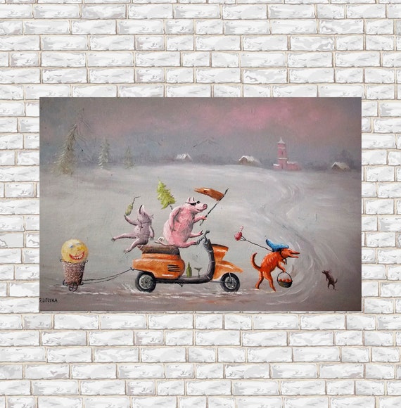 Whimsical artwork original Whimsical animal art Surrealism painting Whimsical landscape Surreal oil painting Fantasy landscape Funny artwork