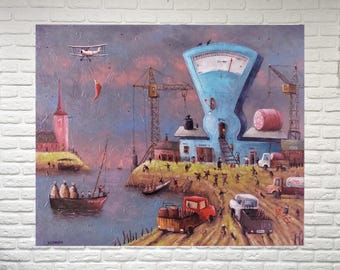 Whimsical painting on canvas, Whimsical landscape art Surreal oil painting original Urban art canvas Surreal art Surrealist painting funny
