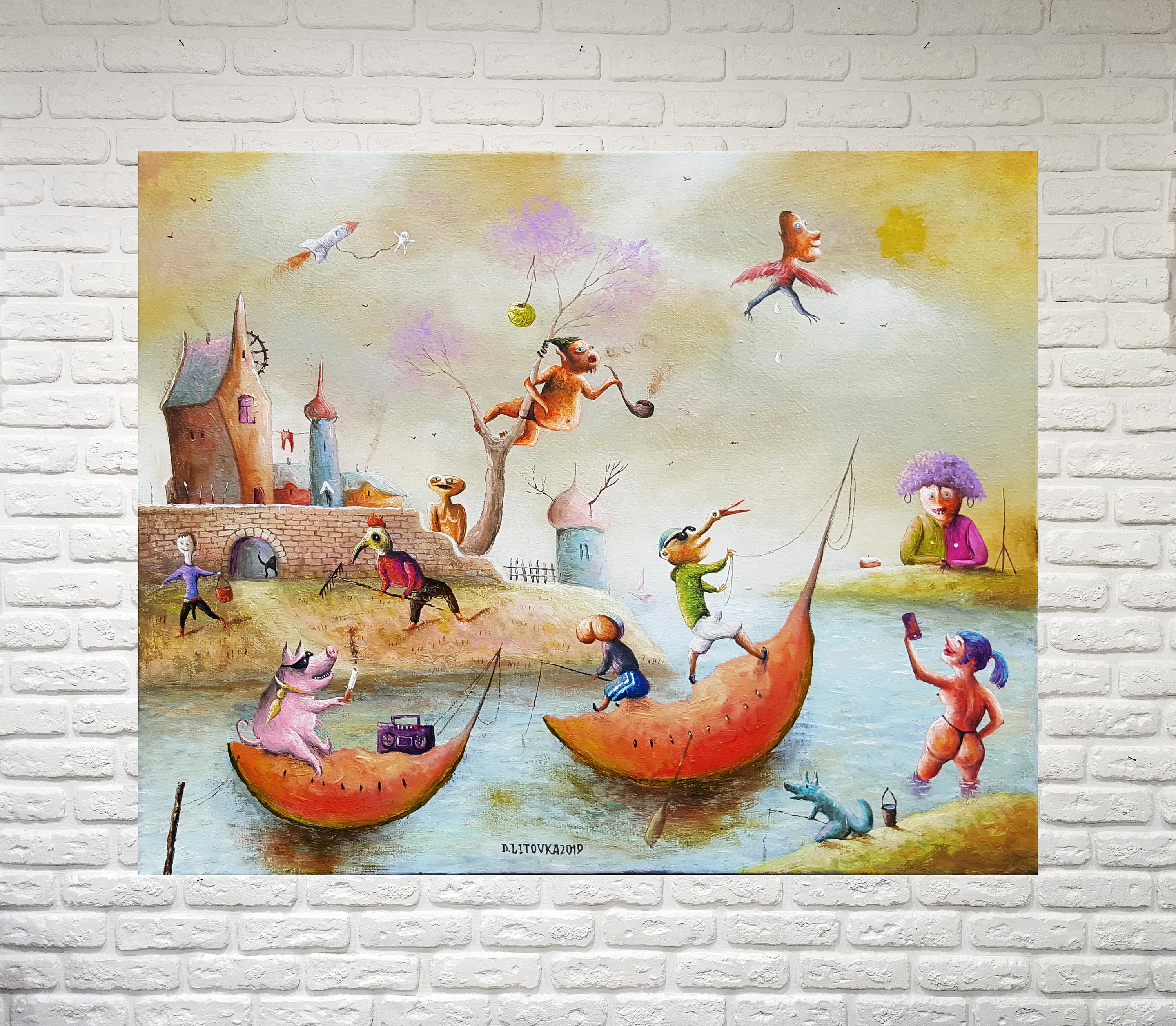 Fantazyjne oryginalne dzieło sztuki, surrealistyczne malarstwo, fantazyjny krajobraz, surrealistyczne malarstwo olejne, fantasy wiszące na ścianie, szalony obraz arbuza