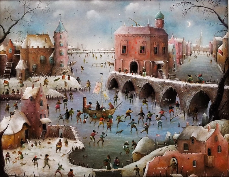 Large whimsical cityscape painting original, Surreal landscape city artwork, Fantasy canvas art original, Castle painting Panoramic wall art