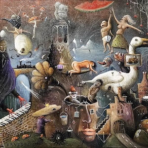 Original Dark fantasy art painting, Creepy canvas art Surrealist attire Horror oil painting Moody city art Bizarre Absurd Weird Curious Odd