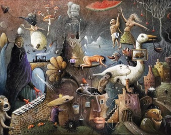 Original Dark fantasy art painting, Creepy canvas art Surrealist attire Horror oil painting Moody city art Bizarre Absurd Weird Curious Odd