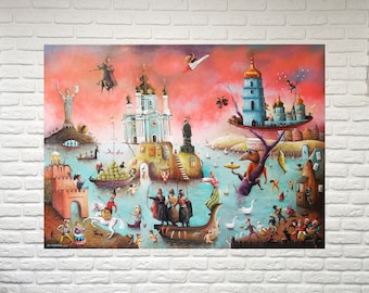 Surreal landscape painting print, Whimsical art original painting, Fantasy artwork cityscape art print, ukrainian artists, Kyiv painting