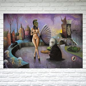 Large surreal woman painting, Gas masks painting Black fantasy art Surrealist wall art head Cityscape oil original creepy moody painting