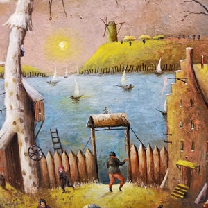 Puede incluir: Una pintura caprichosa que representa una escena de pueblo con un molino de viento en una colina, un r&iacute;o con veleros y una puerta de madera que una persona est&aacute; abriendo. La pintura tiene una paleta de colores c&aacute;lidos con tonos de marr&oacute;n, amarillo y azul.