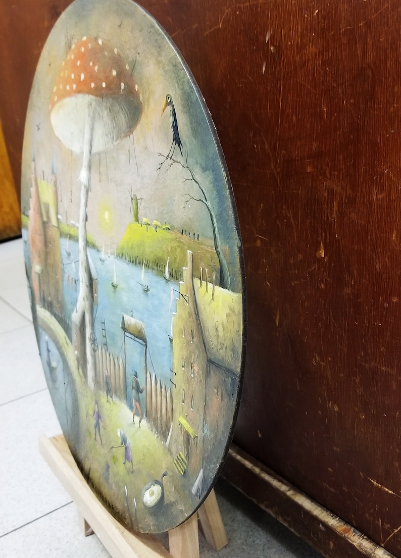 Whimsical artwork, whimsical painting, surrealistic art, original surreal art, whimsical landscape, landscape painting, surreal landscape, surreal oil painting, painting urban, urban art canvas, surreal creatives, Fly agaric painting, round oil painting