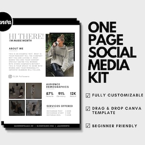 Könnte beinhalten: Eine einseitige Social-Media-Kit-Vorlage mit einer Checkliste der Funktionen: vollständig anpassbar, Drag-and-Drop-Canva-Vorlage und anfängerfreundlich. Die Vorlage enthält ein Profilbild, demografische Daten zum Publikum und angebotene Dienstleistungen. Der Text "HI THERE! I'M MARIE WORTH" befindet sich oben auf der Seite.