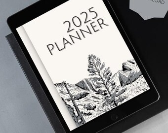 Planificador digital 2025, diseño masculino, planificador en blanco y negro, planificador imprimible, planificador mensual, planificador semanal