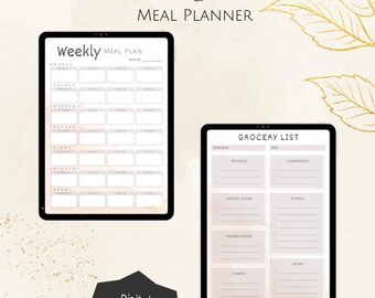 Planificador de comidas digital, Planificador de comidas minimalista, Planificador de comidas simple, Lista de compras, Planificador de comidas en PDF, Preparación de comidas, Planificador de comidas clásico neutral