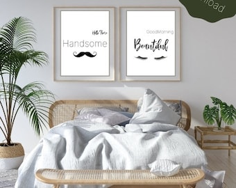Arte para él y para ella, regalo de arte para marido, regalo de aniversario, arte de esposa, obras de arte para parejas, obras de arte a juego, arte de bigote y pestañas, arte digital lindo
