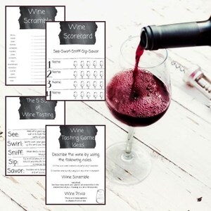 May include: A set of printable wine tasting game cards with a chalkboard background. The cards include instructions for a wine tasting game, a wine scorecard, and a wine scramble game. The cards are designed for a fun and interactive wine tasting experience.