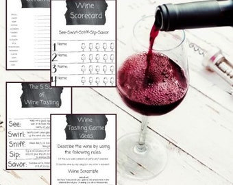 Kit para fiesta de cata de vinos/Juego de cata de vinos/Ideas para fiestas de vinos/Tarjetas de puntuación/Hoja de cata/Cata de vinos virtual/Noche de chicas/