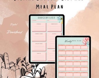 Planificador de comidas digital, diseño floral, planificador de comidas simple, lista de compras, lista de compras de preparación de comidas vintage, preparación de comidas, planificador de comidas Chick,