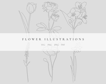 Flower Illustrations, Floral Drawings, Aesthetic Art, Instant Download Design, Minimal Vector Flowers, Peony, Tulip, Poppy, SVG, PNG, PDF