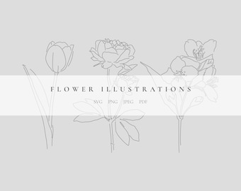 Flower Illustrations, Floral Drawings, Aesthetic Art, Instant Download Design, Minimal Vector Flowers, Peony, Tulip, Jasmine, SVG, PNG, PDF