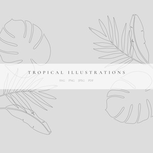 May include: Line art illustration of tropical leaves in black and white. The text "TROPICAL ILLUSTRATIONS" is centered at the top of the image. Below the text are the words "SVG PNG JPEG PDF".