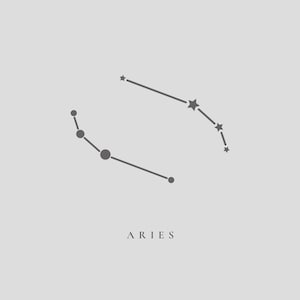 May include: A simple line drawing of the constellation Aries, with the name "ARIES" written below.