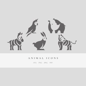 Animal Icons, Zoo Icons, Instant Download Design, Minimal Vector, Parrot, Rhino, Zebra, Rabbit, Tiger, SVG, PNG, PDF