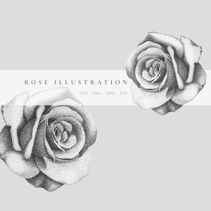 May include: Two black and white stylized illustrations of roses, created with a stipple effect. The text "ROSE ILLUSTRATION" appears above the roses, with the text "SVG PNG JPEG PDF" below.