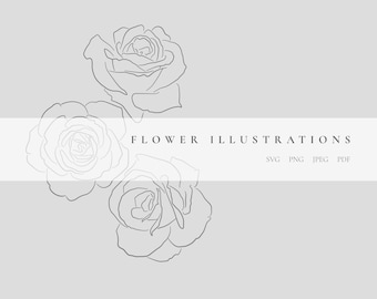 Flower Illustrations, Floral Drawings, Aesthetic Art, Instant Download Design, Minimal Vector Flowers, Rose, SVG, PNG, PDF
