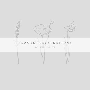 May include: Line art illustrations of three flowers: a poppy, a daffodil, and a cluster of small flowers. The text "FLOWER ILLUSTRATIONS" appears above the flowers, with the words "SVG PNG JPEG PDF" below.