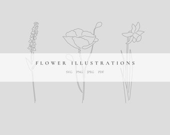 Flower Illustrations, Floral Drawings, Aesthetic Art, Instant Download Design, Minimal Vector Flowers, Daffodil, Poppy, SVG, PNG, PDF