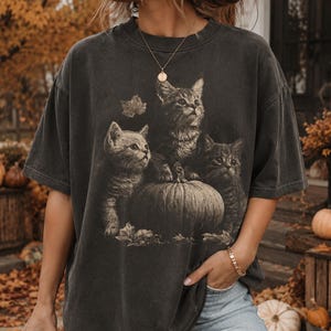 May include: A charcoal grey short-sleeved t-shirt featuring a graphic print of three kittens sitting around a pumpkin with scattered autumn leaves. The shirt has a crew neckline and a relaxed fit, showcasing a vintage-inspired washed fabric texture.