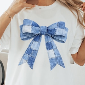 Denim Patchwork Bogen PNG, Trending Thrifting Clipart, 90er Jahre Y2K Stil png, Retro Coquette Blue Jeans Sublimationsbild zum Download