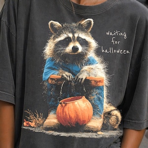 Halloween Raccoon PNG, Funny Animal Clipart, Vintage Halftone Png Design, Waiting for Halloween Png, Digital Download