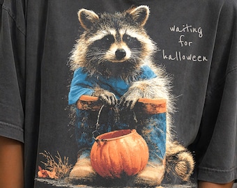 Halloween Raccoon PNG, Funny Animal Clipart, Vintage Halftone Png Design, Waiting for Halloween Png, Digital Download