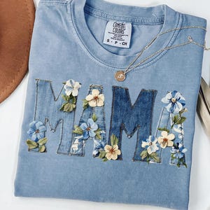 Denim Mama PNG, Vintage Mothers Day Clipart, Floral Mom Sublimation File, Patchwork Jeans Mama Style Dtf Design, Digital Download