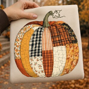 Calabaza vintage de patchwork PNG, PNG de otoño, imágenes prediseñadas de calabaza a cuadros, diseño de sublimación de otoño, PNG de Acción de Gracias, descarga digital