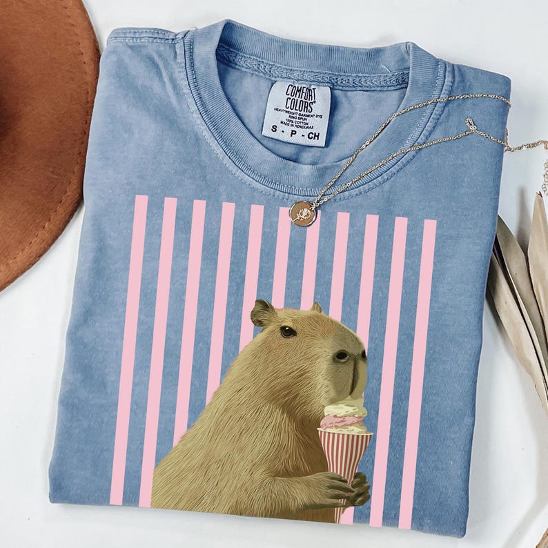 Funny Capybara PNG, Striped Ice Cream Png Design, Cute Animal Sublimation Graphic, Pastel Summer Png, Digital Download image 1
