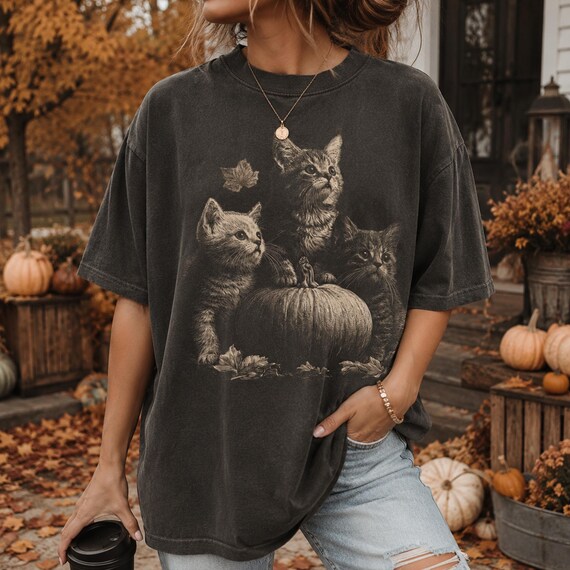 Fall Cat PNG, Vintage Autumn Kitten Png, Pumpkin Cat Shirt Design, Cozy Fall Kitty Sublimation, Halftone Halloween Cat Digital Download