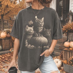 May include: A charcoal gray short-sleeve t-shirt featuring a graphic print of three kittens sitting around a pumpkin with scattered autumn leaves. The shirt has a crew neckline and a relaxed fit, showcasing a detailed illustration of the cats.