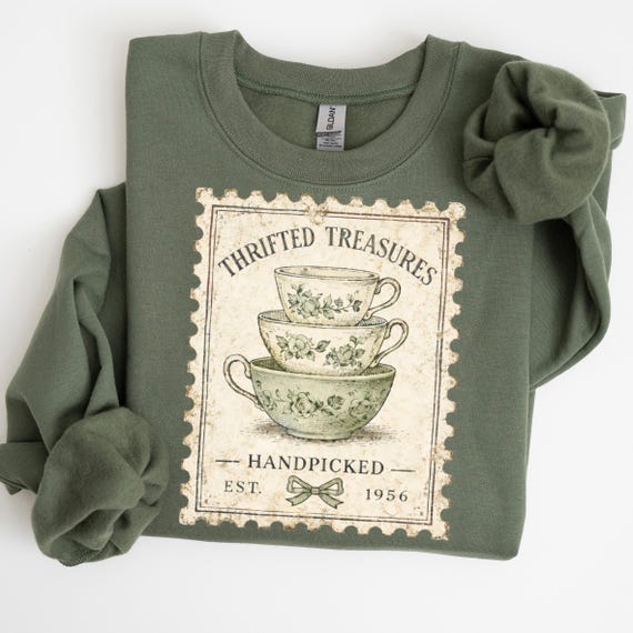 Vintage Thrifted PNG, Popular New Png, Grandma Core Trendy Png Design, Grandmacore Sublimation, Thrifting Stamp with Antique Porcelain Cups
