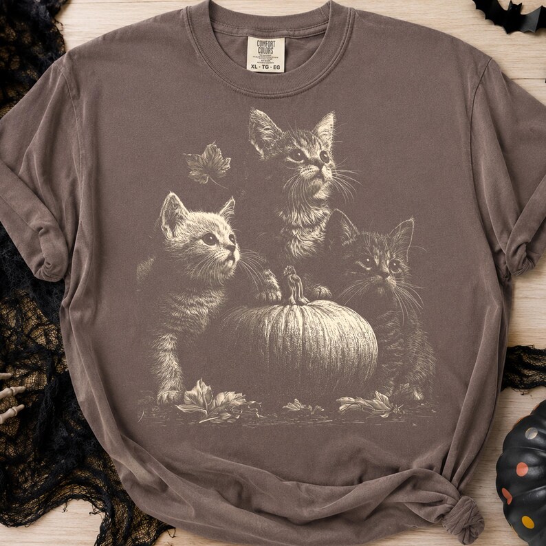 May include: A brown short-sleeve t-shirt featuring a graphic print of three kittens sitting around a pumpkin with fallen leaves. The shirt has a crew neckline and a Comfort Colors brand label printed on the inside of the collar area.