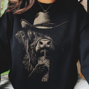 Highland Cow Coffee PNG, Western Cowgirl Png, Funny Trendy Shirt Design, Farm Animal With Leopard Coffee Cup, Country Coquette Girl Clipart